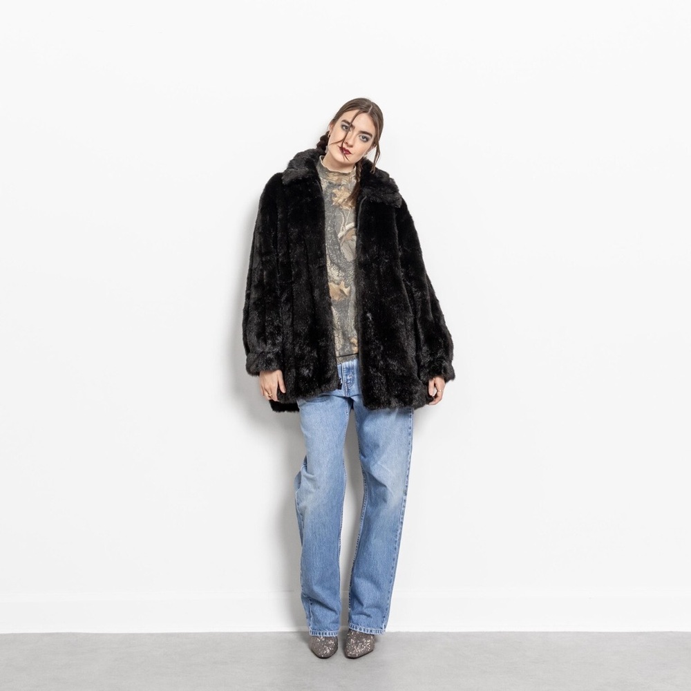 Luxurious BLACK FAUX FUR Jacket Coat Oversize Vintage Cozy Pockets